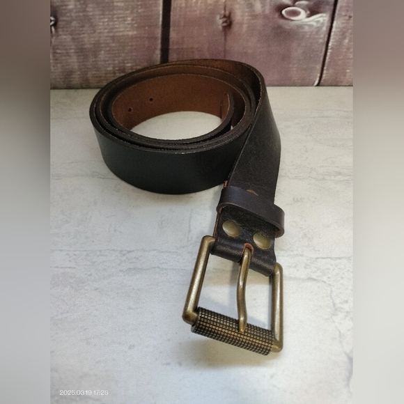 Full Grain Solid Cowhide Leather Belt Brown Brass Roller Buckle Classic Business - Picture 1 of 10